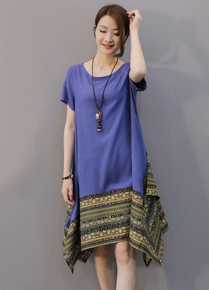 Minibee Women's Ethnic Cotton Linen Short Sleeves Irregular Tunic Dress (M, Blue) - Image 3